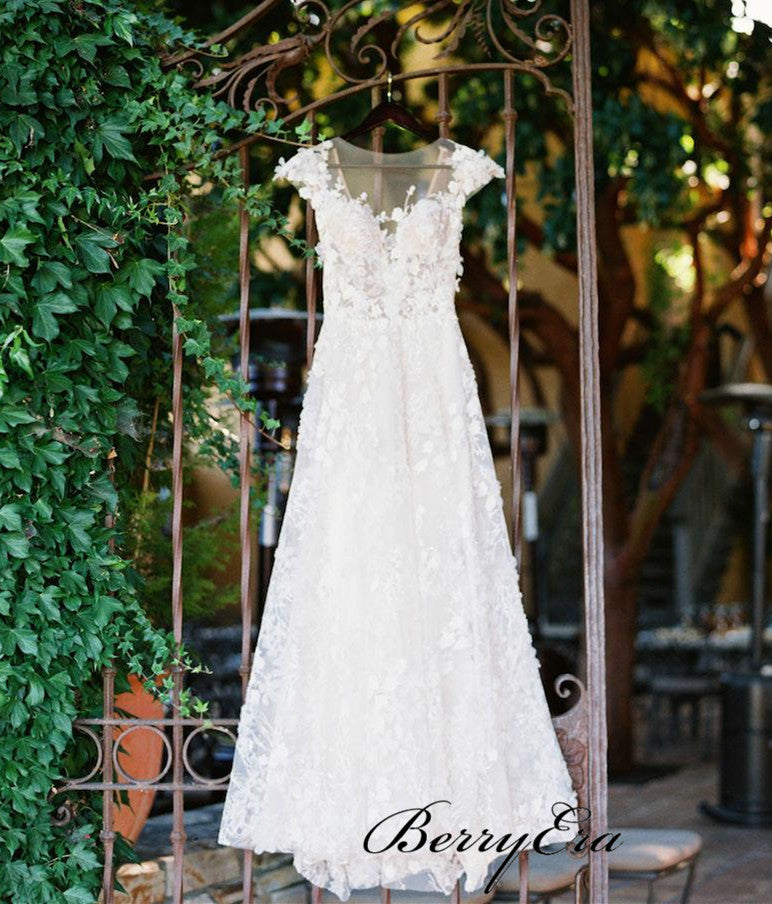 Elegant Lace A-line Wedding Dresses, Popular Lace Bridal Gowns, Wedding Dresses