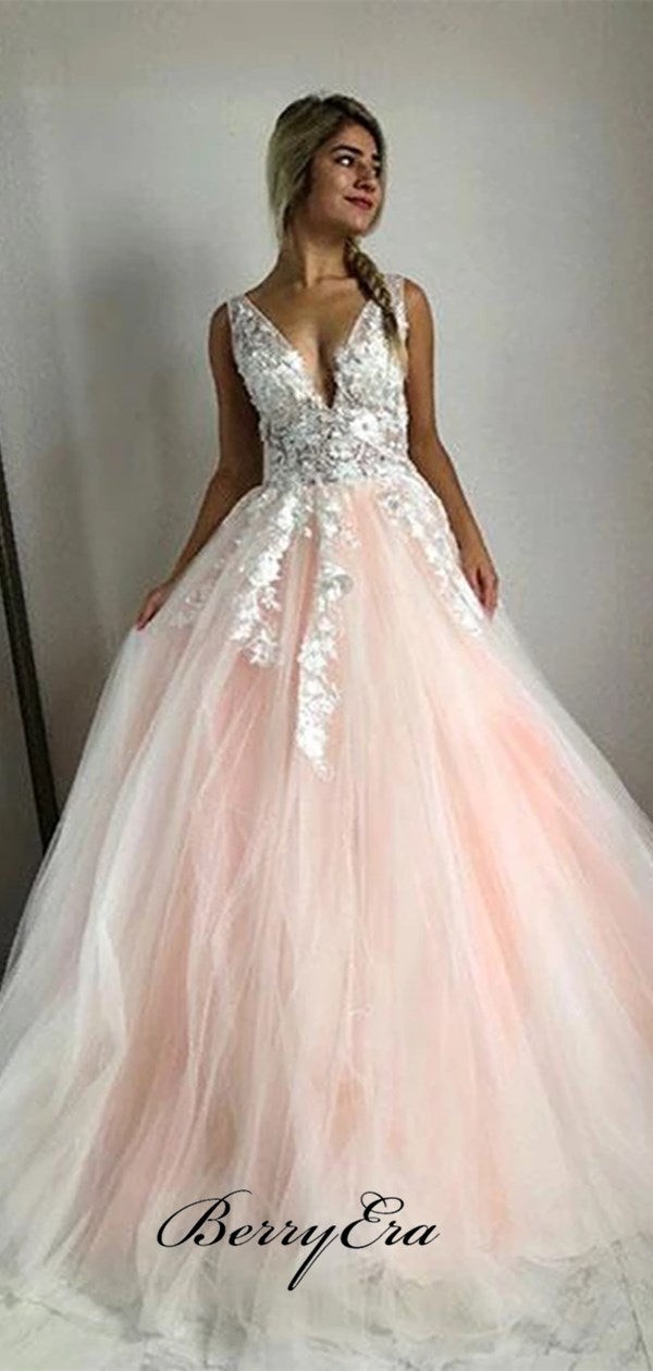 V-neck Long Evening Party Prom Dresses, Appliques Prom Dresses, 2020 Prom Dresses