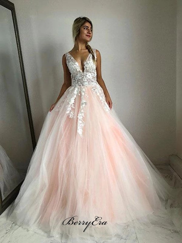 V-neck Long Evening Party Prom Dresses, Appliques Prom Dresses, 2020 Prom Dresses