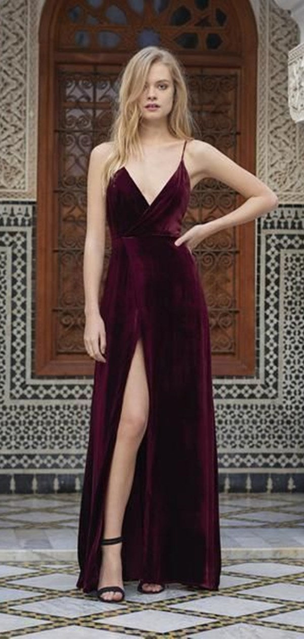 Spaghetti Straps Simple Long Prom Dresses, Cheap V-neck Prom Dresses, Prom Dresses