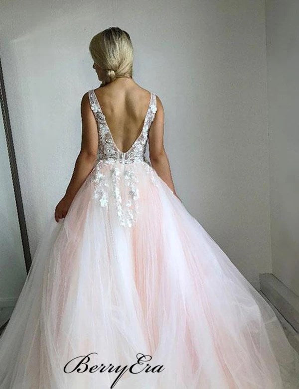 V-neck Long Evening Party Prom Dresses, Appliques Prom Dresses, 2020 Prom Dresses