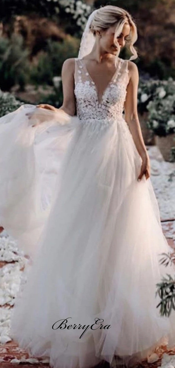 A-line Tulle Wedding Dresses, Popular Wedding Dresses, Lace Wedding Dresses