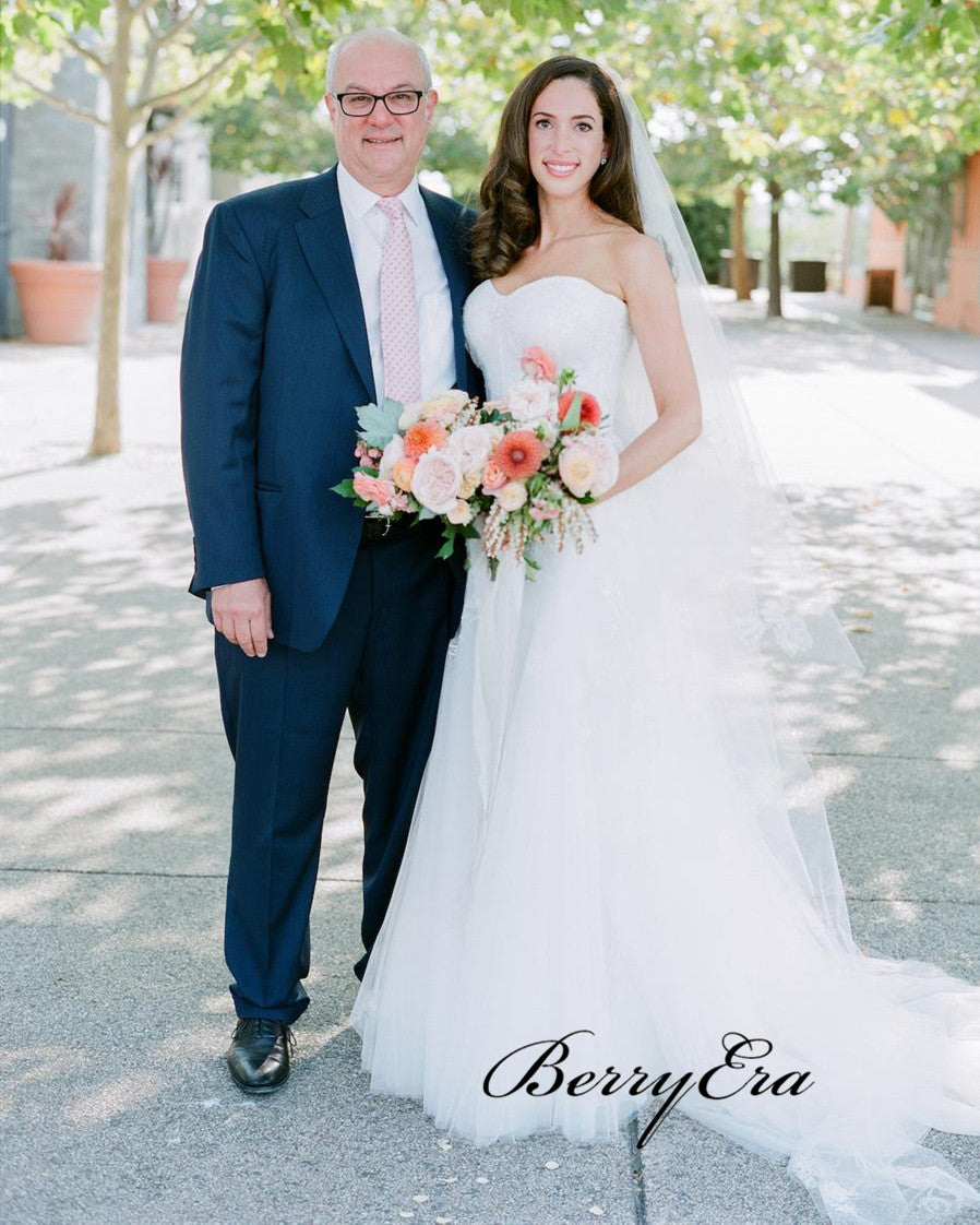 Strapless Lace Elegant Wedding Dresses, A-line Tulle Lace Bridal Gowns