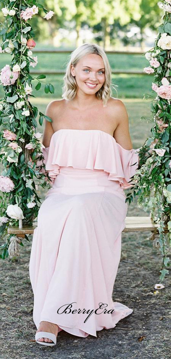 Strapless Pink Chiffon Bridesmaid Dresses, A-line Wedding Bridesmaid Dresses