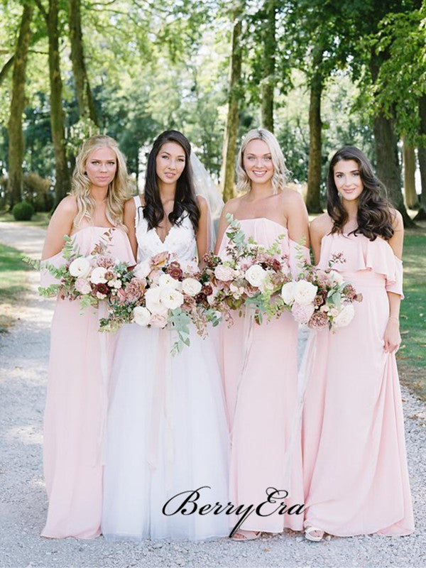 Strapless Pink Chiffon Bridesmaid Dresses, A-line Wedding Bridesmaid Dresses