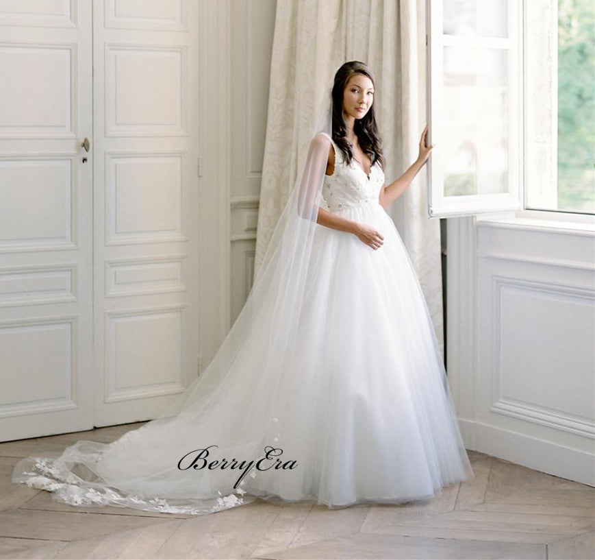 V-neck Lace Beads Wedding Dresses, Elegant A-line Wedding Dresses