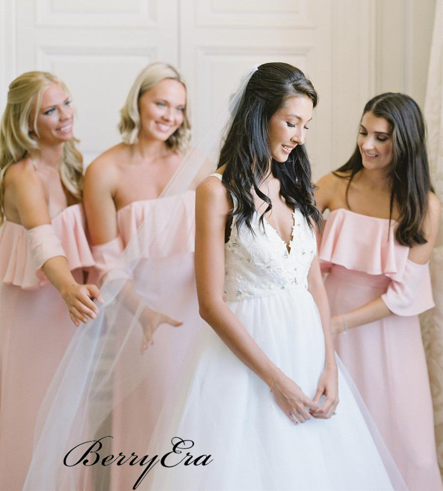 Strapless Pink Chiffon Bridesmaid Dresses, A-line Wedding Bridesmaid Dresses