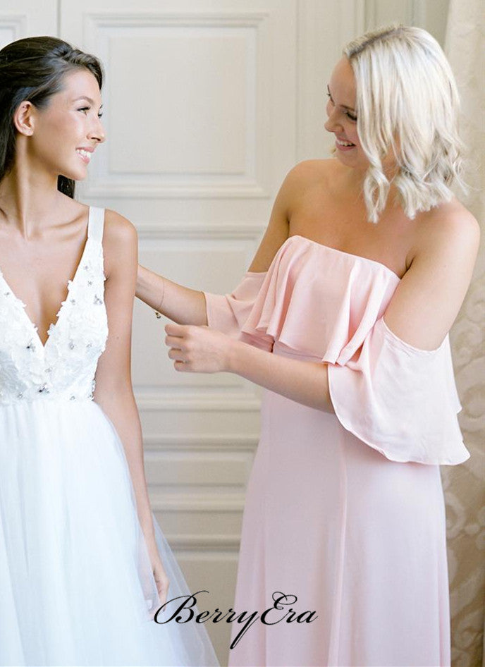 Strapless Pink Chiffon Bridesmaid Dresses, A-line Wedding Bridesmaid Dresses