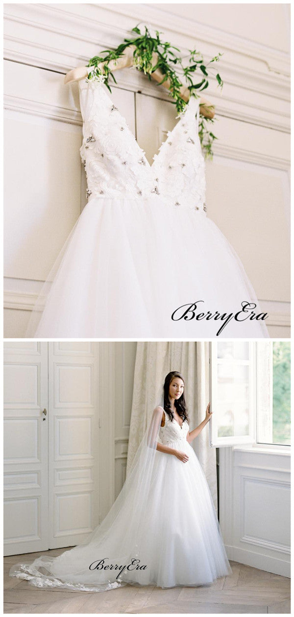 V-neck Lace Beads Wedding Dresses, Elegant A-line Wedding Dresses