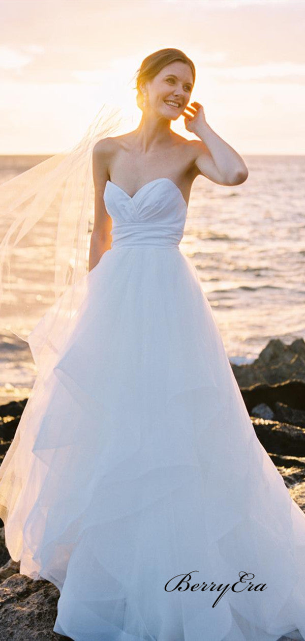 Sweetheart A-line Tulle Wedding Dresses, Strapless Elegant Beach Wedding Dresses