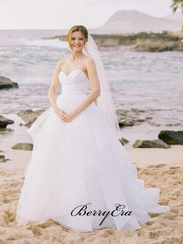 Sweetheart A-line Tulle Wedding Dresses, Strapless Elegant Beach Wedding Dresses