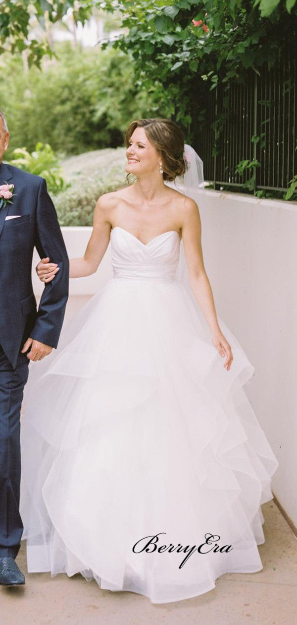 Sweetheart A-line Tulle Wedding Dresses, Strapless Elegant Beach Wedding Dresses