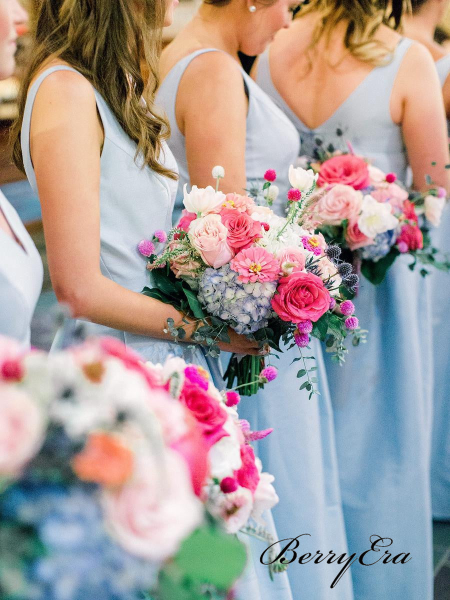 Light Blue A-line Bridesmaid Dresses, A-line V neck Bridesmaid Dresses