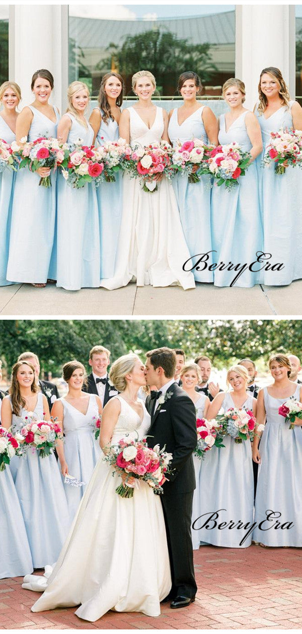 Light Blue A-line Bridesmaid Dresses, A-line V neck Bridesmaid Dresses