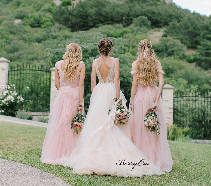 Light Pink Off Shoulder Bridesmaid Dresses, Tulle A-line Bridesmaid Dresses