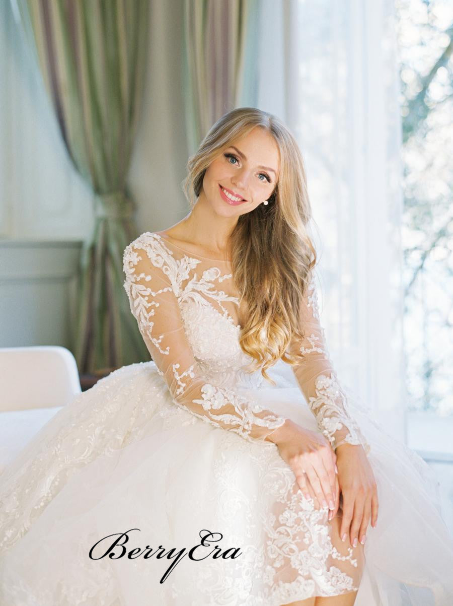 Long Sleeves Lace A-line Wedding Dresses, Popular Elegant Wedding Dresses