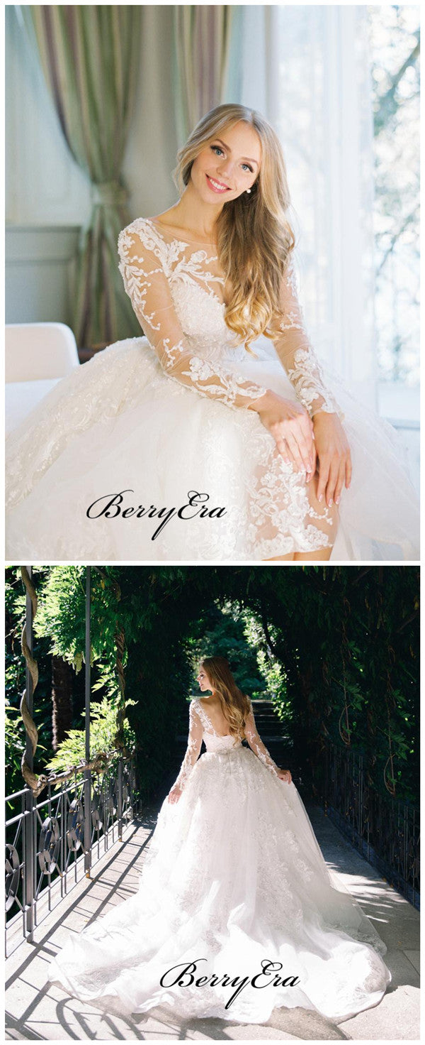 Long Sleeves Lace A-line Wedding Dresses, Popular Elegant Wedding Dresses