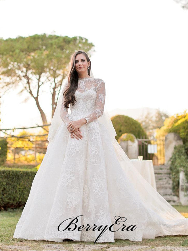 Long Sleeves Graceful Lace Wedding Dresses, A-line Lace Wedding Dresses