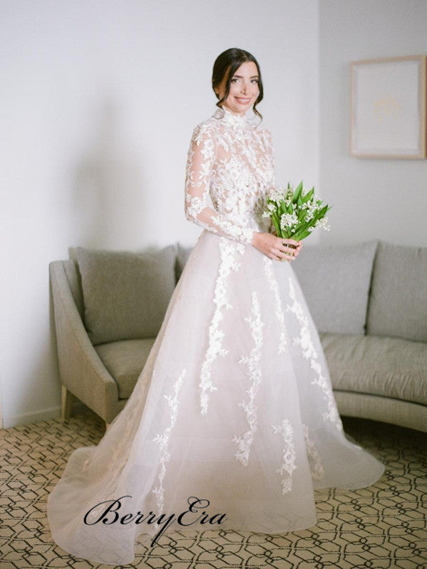 Long Sleeves See Through Wedding Dresses, A-line Lace Elegant Wedding Dresses