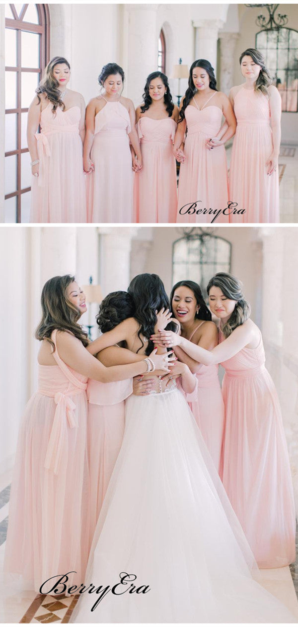 Pink Color Mismatched Bridesmaid Dresses, Chiffon Wedding Guest Dresses