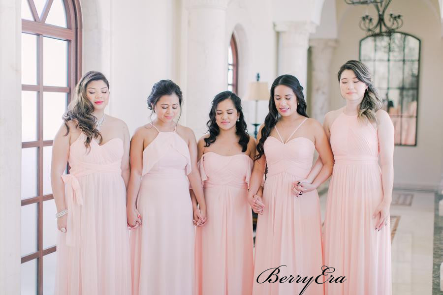 Pink Color Mismatched Bridesmaid Dresses, Chiffon Wedding Guest Dresses