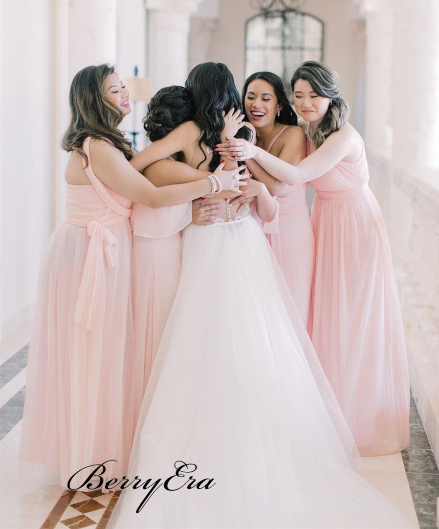 Pink Color Mismatched Bridesmaid Dresses, Chiffon Wedding Guest Dresses