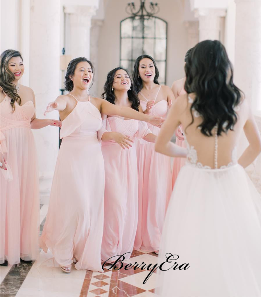 Pink Color Mismatched Bridesmaid Dresses, Chiffon Wedding Guest Dresses