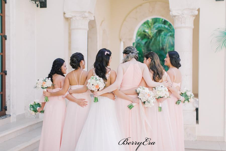 Pink Color Mismatched Bridesmaid Dresses, Chiffon Wedding Guest Dresses