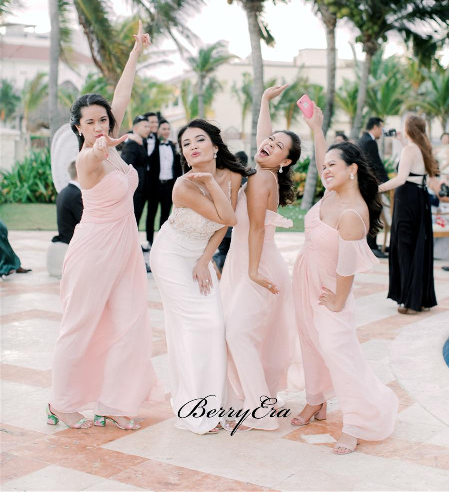 Pink Color Mismatched Bridesmaid Dresses, Chiffon Wedding Guest Dresses