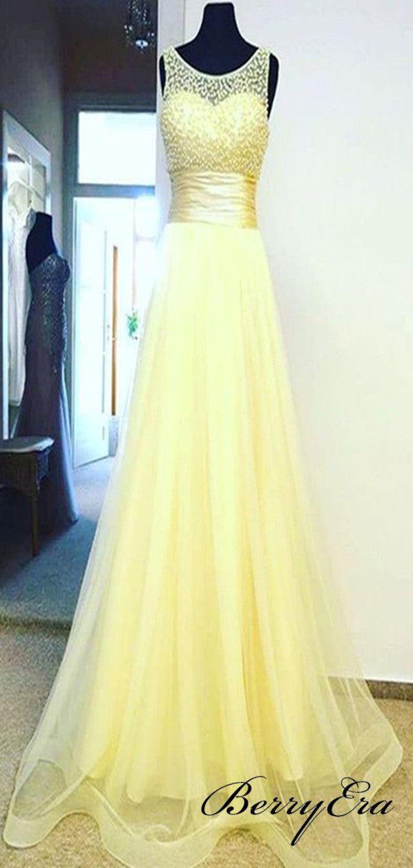 Beaded A-line Long Prom Dresses, Elegant Tulle Long Prom Dresses