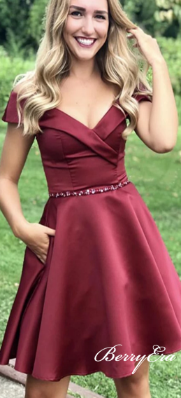 Off Shoulder Burgundy Satin Beaded Homecoming Dresses, Short Prom Dresses