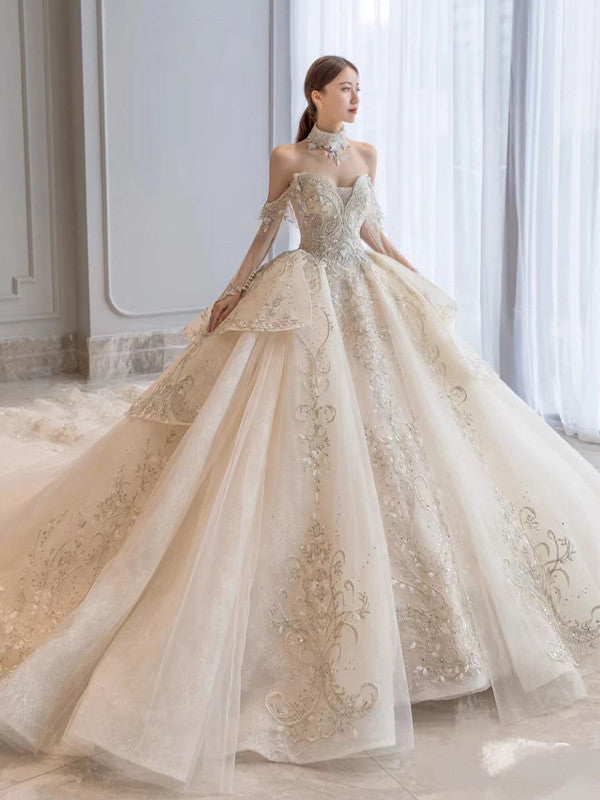 Luxury Quality Beaded Wedding Dresses, Off Shoulder Lace A-line Bridal Gowns