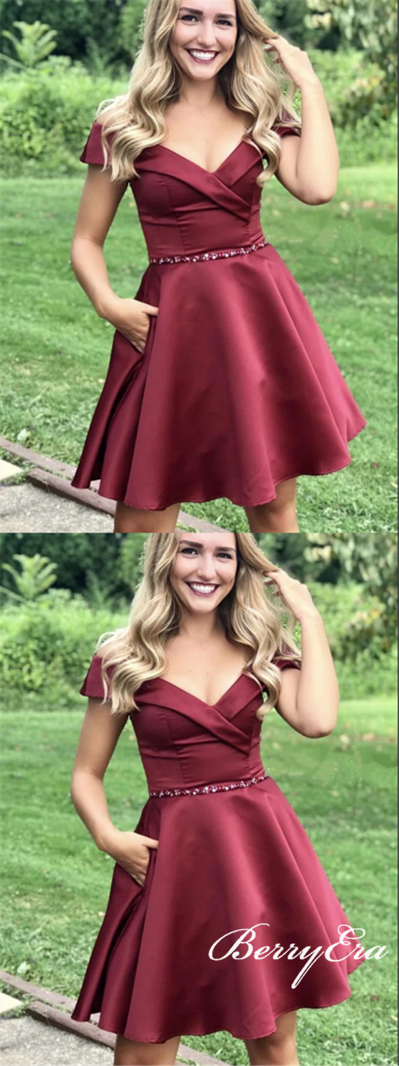 Off Shoulder Burgundy Satin Beaded Homecoming Dresses, Short Prom Dresses