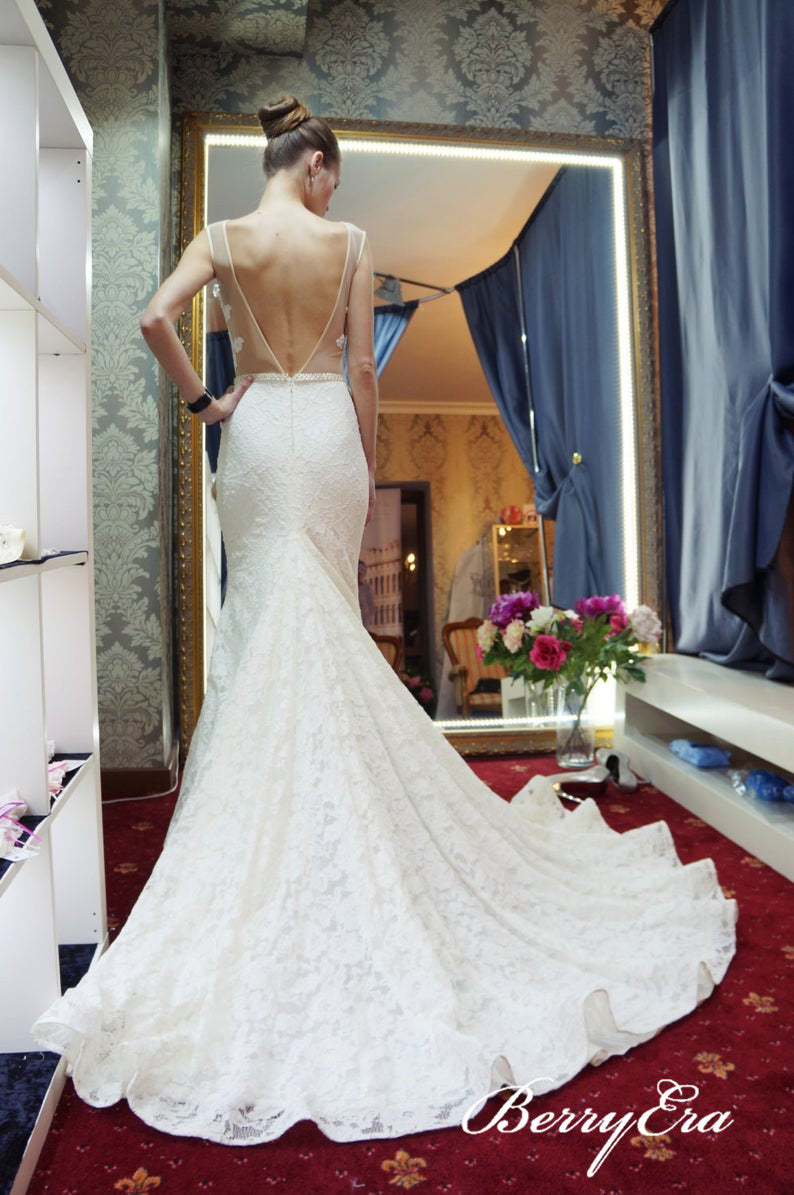 Ivory Lace Long Memraid Elegant Wedding Dresses With Beaded Waist