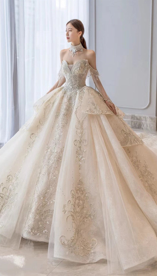 Luxury Quality Beaded Wedding Dresses, Off Shoulder Lace A-line Bridal Gowns