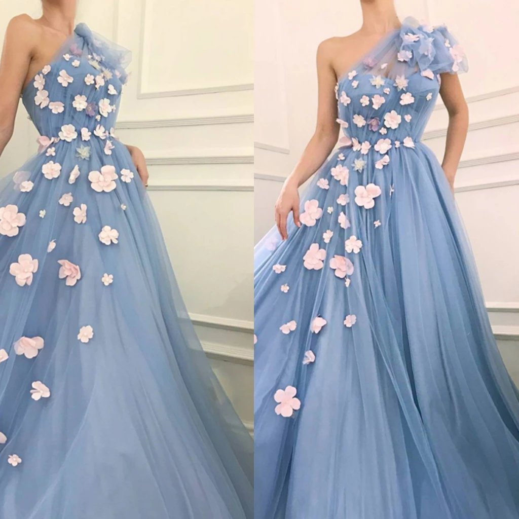 One Shoulder Long A-line Blue Tulle Prom Dresses, 3D Flowers Prom Dresses, 2020 Long Prom Dresses