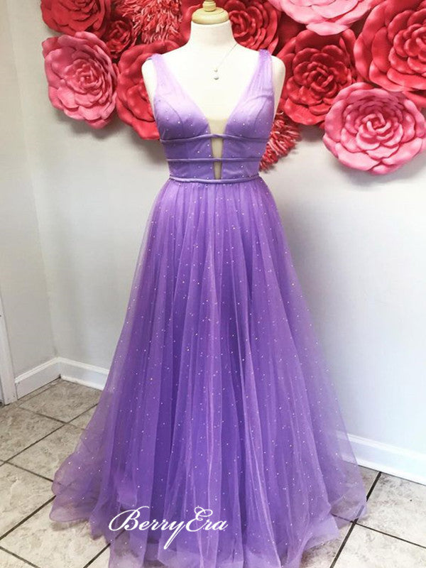 Purple Elegant Beaded Prom Dresses, A-line Charming Party Prom Dresses