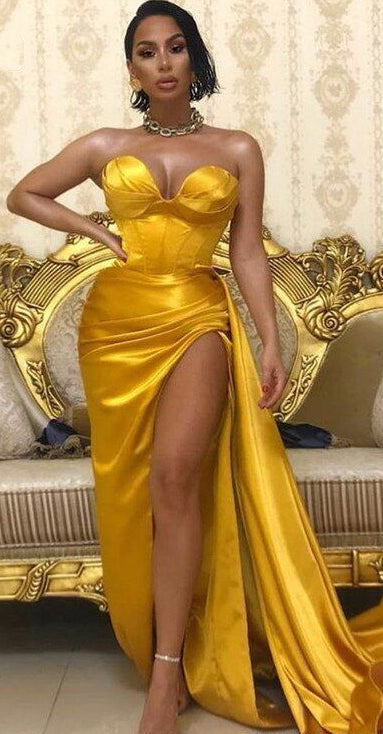 Sweetheart Yellow Satin Long Prom Dresses, High Slit 2020 Prom Dresses, Long Prom Dresses