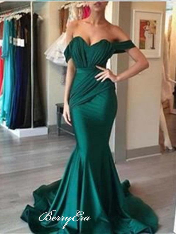 Satin Long Mermaid Prom Dresses, Off Shoulder Modest Prom Dresses