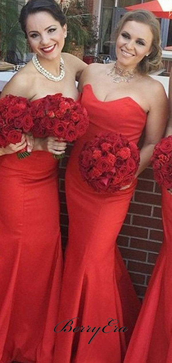 Sweetheart Strapless Bridesmaid Dresses, Red Color Mermaid Bridesmaid Dresses