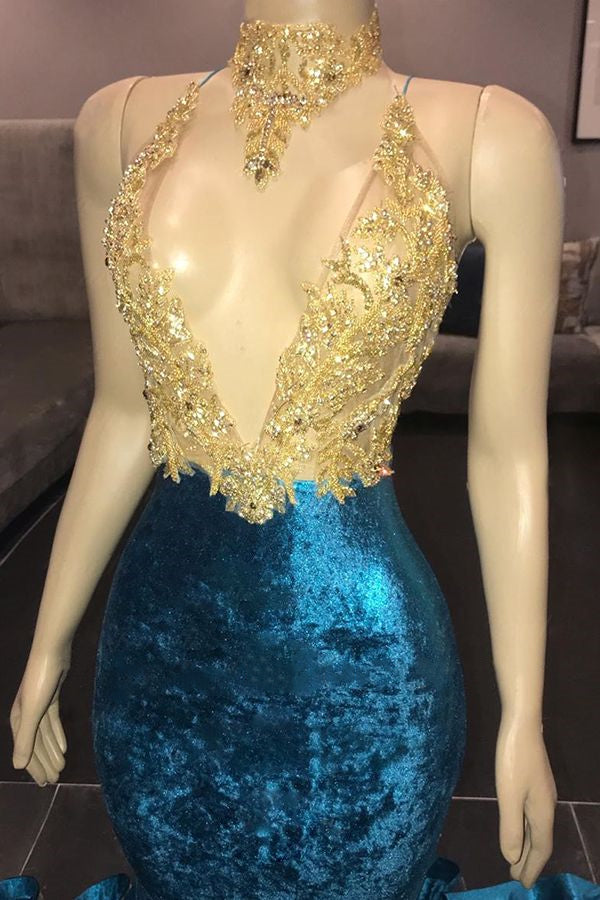 Deep V-neck Long Mermaid Velvet Prom Dresses, Lace Beaded Prom Dresses, Long Prom Dresses