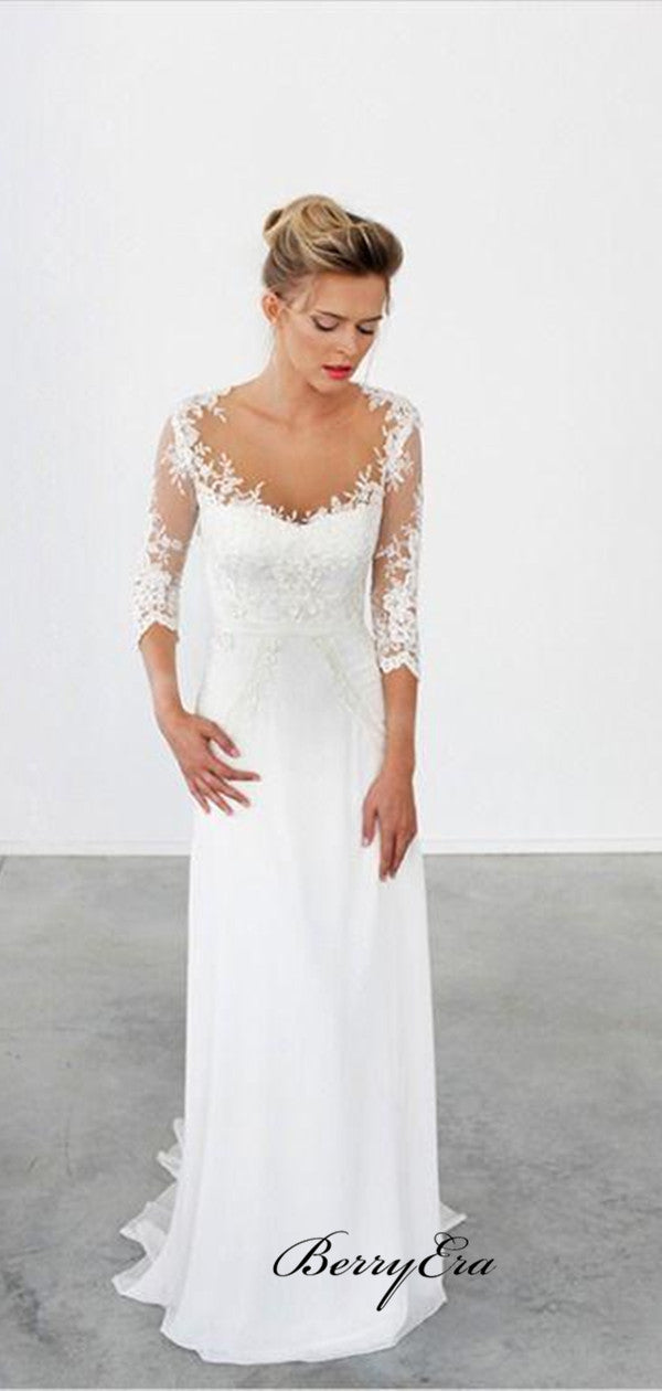 Unique Lace 3/4 Sleeve White Long Wedding Dresses，Formal Cheap Beach Bridal Gowns