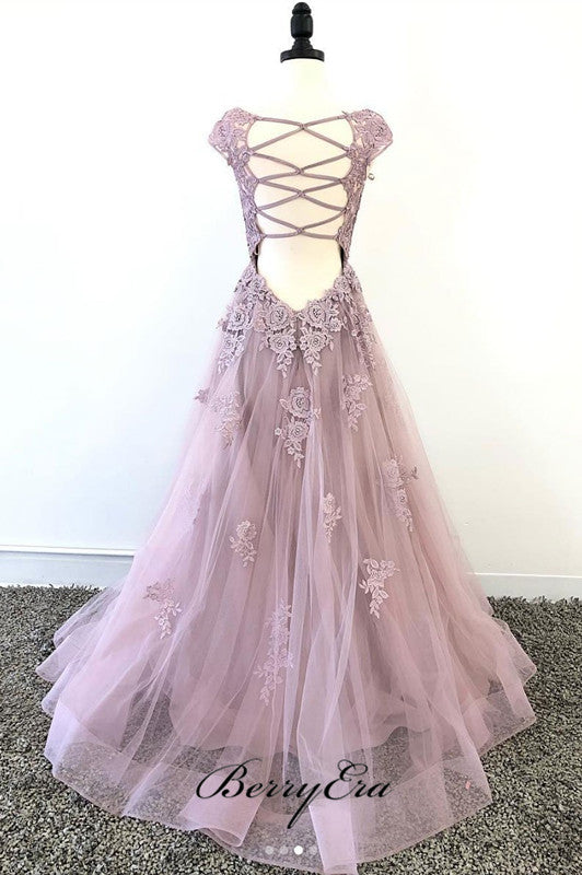 Cap Sleeves Lace Prom Dresses, Evening Party A-line Prom Dresses, Newest Prom Dresses