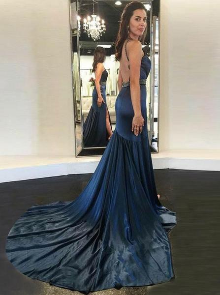 Long Sheath Navy Beaded Side Slit Prom Dresses