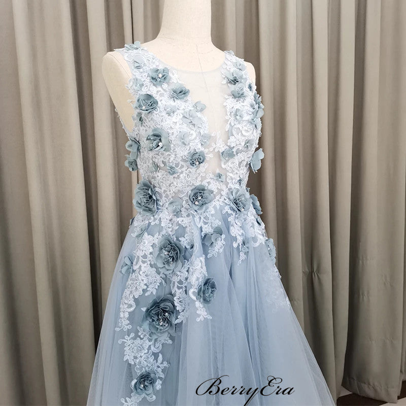 High Low Popular A-line Prom Dresses, Elegant Appliques Prom Dresses 2020