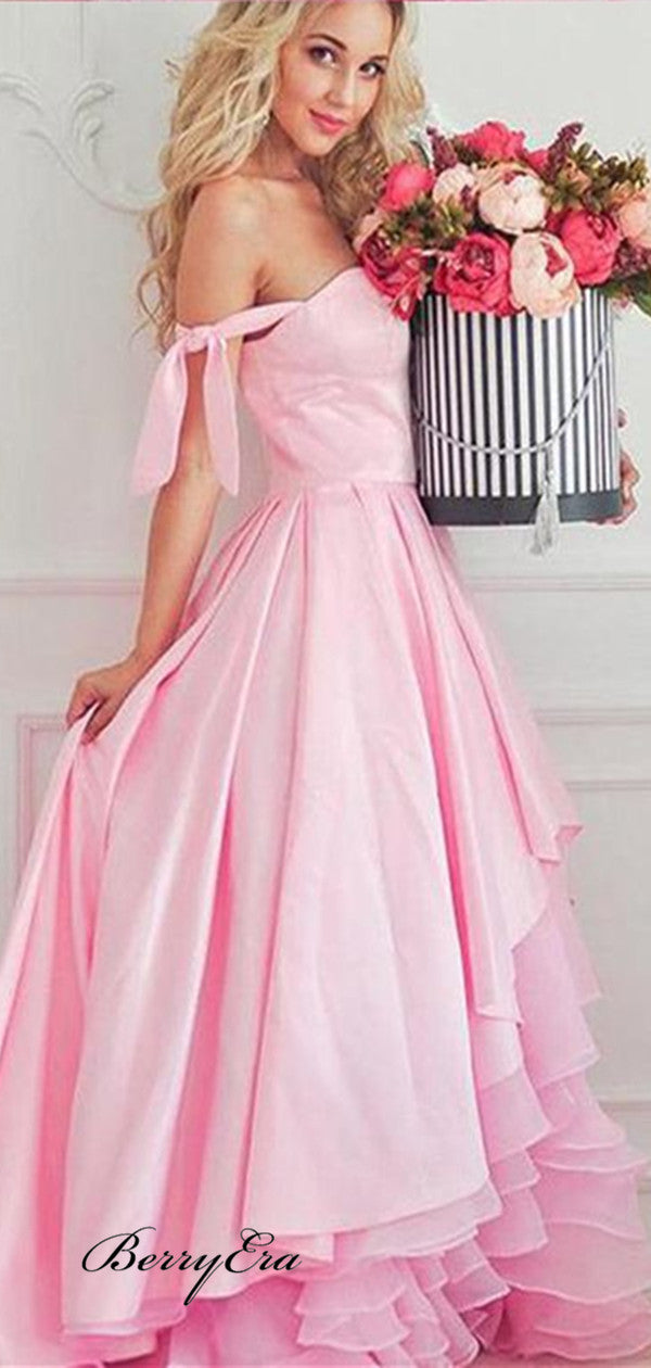 Off Shouler Pink A-line Prom Dresses, Unique Fluffy Design Long Prom Dresses