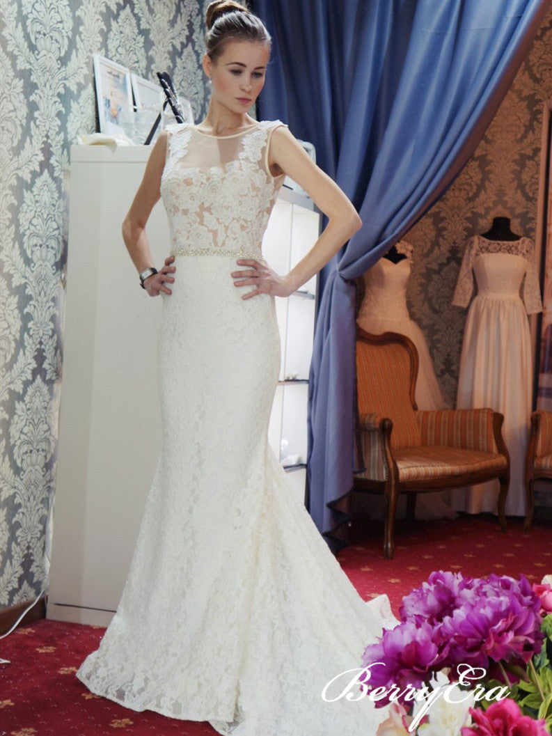 Ivory Lace Long Memraid Elegant Wedding Dresses With Beaded Waist