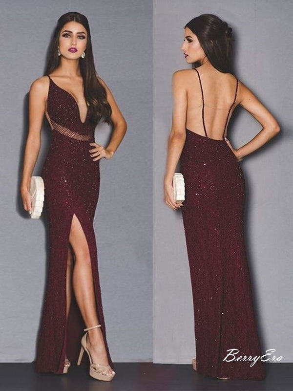 Sexy Deep V Neck Open Back Slit Burgundy Prom Dresses Long Sequins Prom Dresses