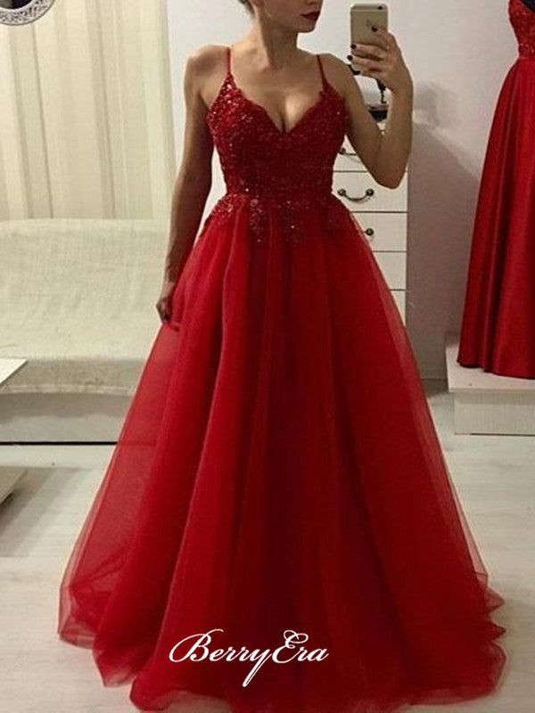 A-line Tulle Evening Party Prom Dresses, Beaded Popular Prom Dresses