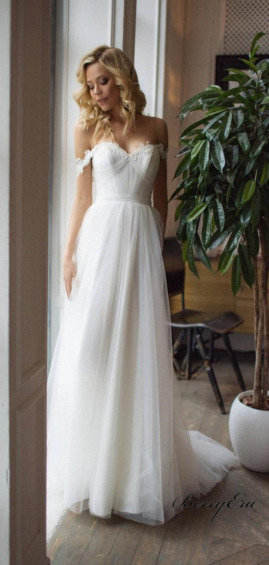 Off Shoulder A-line Appliques Tulle Long Wedding Dresses, Bridal Gown